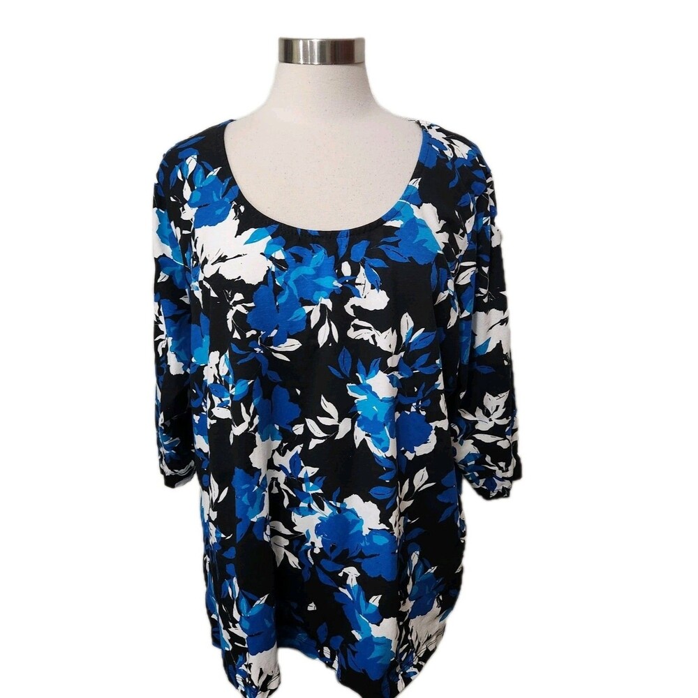 JESSICA LONDON Womens Knit Top 26/28 Pullover Stretch Short Sleeve Blue Floral